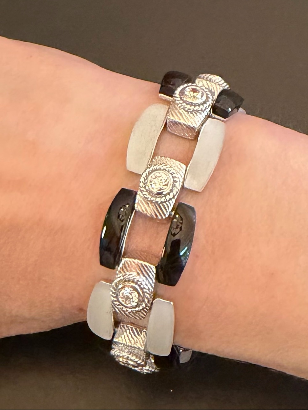 Judith Ripka Sterling Silver Black Onyx Frosted Rock Crystal and CZ Bracelet